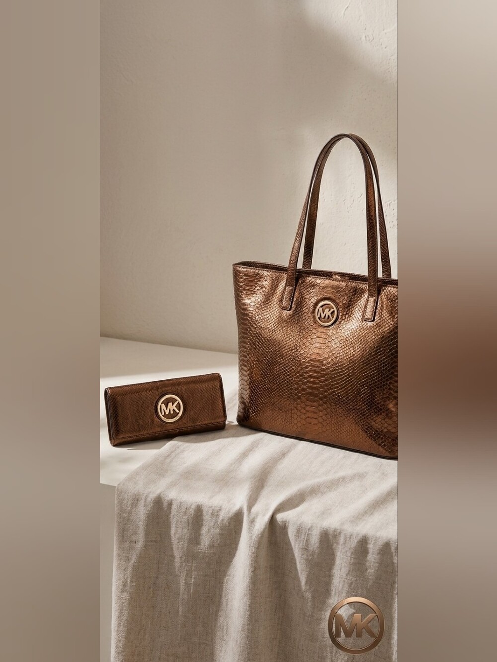 MICHAEL KORS MK brown bronze python snake print tote bag with matching wallet